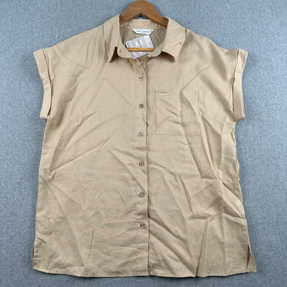 Emily Daniels Linen Shirt Womens Medium Beige Button Down Short Sleeve NEW